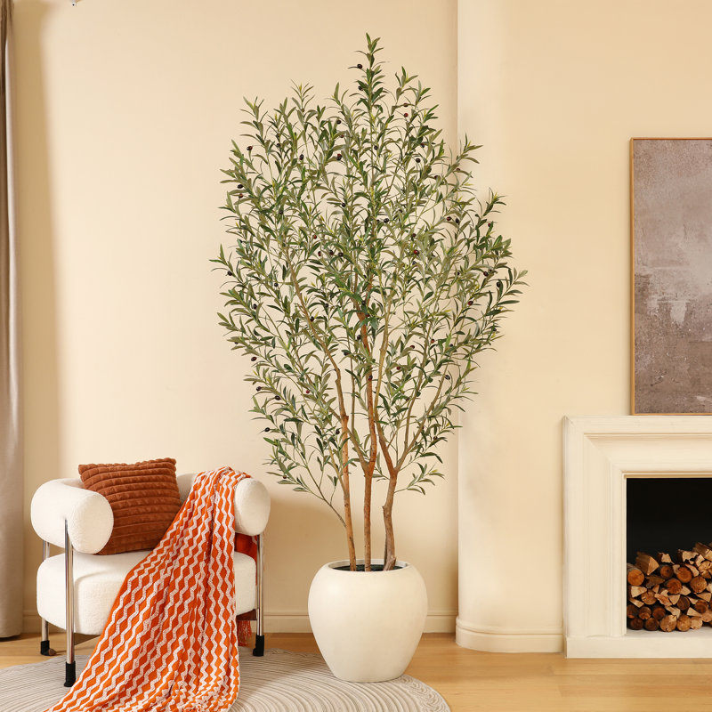 8FT Tall Artificial Olive Tree - Large Faux Potted Tree with Natural Trunk and Lifelike Olive Leaves and Fruit, Elegant Indoor/Outdoor Decorative Plant for Living Room, Office or Entryway, 1 pc/set